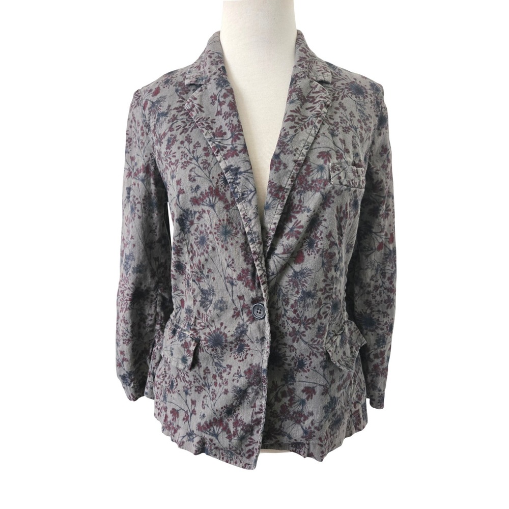 120% Lino Womens Grey Floral Linen Blazer Jacket Single Button Size 42 IT 6 US